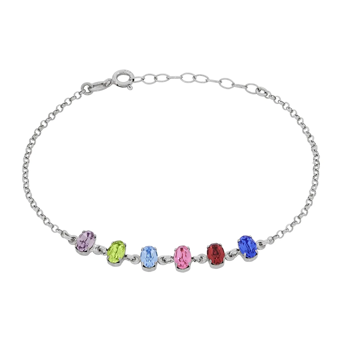 Pulsera en plata Ley 925, con 6 cristales centrales, 16 cm. de largo, 2 mm. de ancho, de la coleccion Sueños