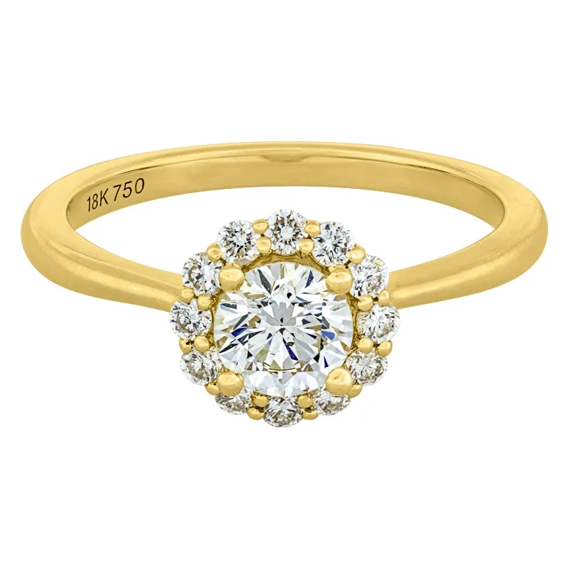 Anillo de compromiso halo redondo, con diamante central redondo GIA de 0.50ct y decoración en diamantes, oro tono amarillo 18k