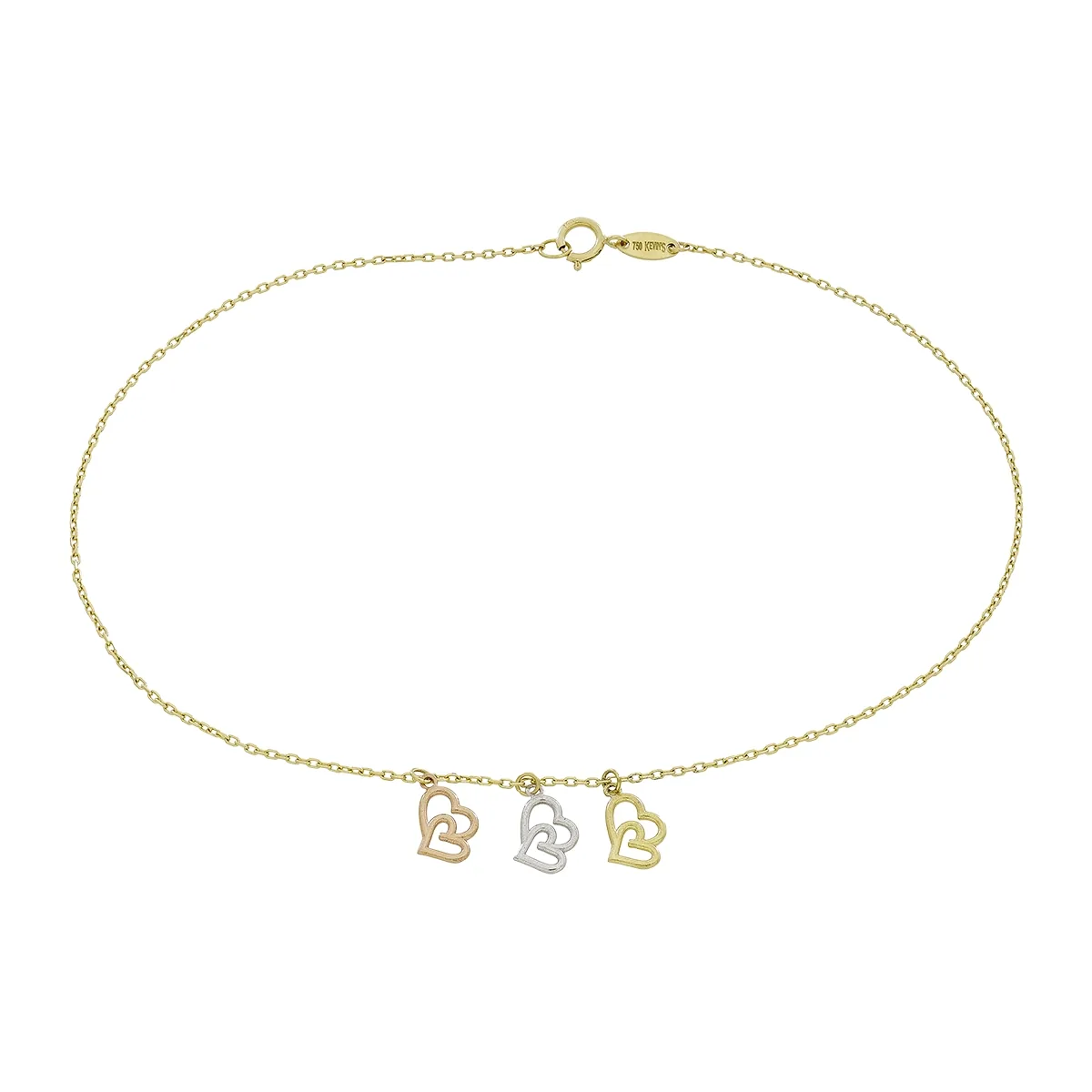 Tobillera en oro amarillo de 18 Kilates, Corazón, 25 cm. de largo, 0.50 mm. de ancho