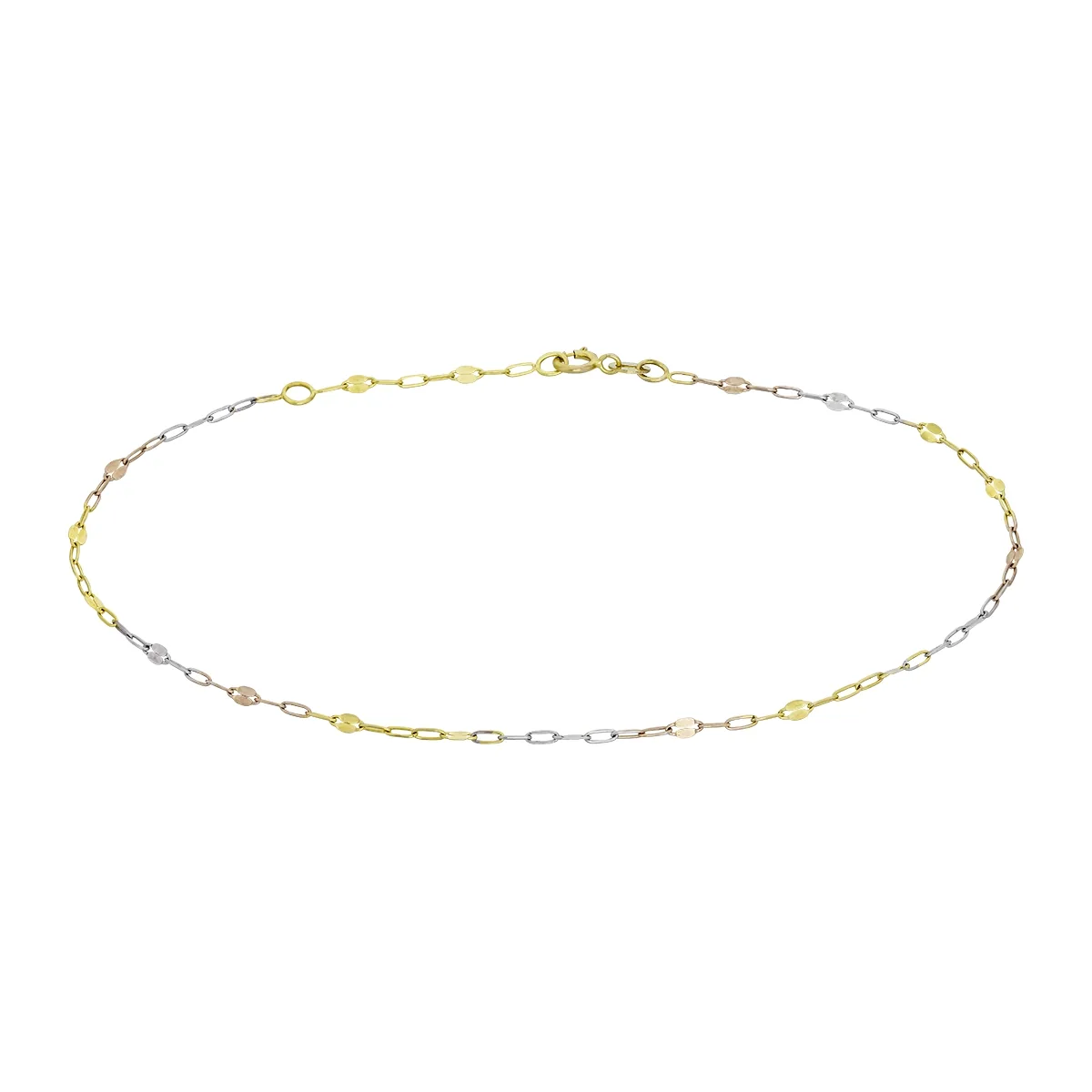 Tobillera en oro amarillo de 18 Kilates, Figuras geométricas, 25 cm. de largo, 1 mm. de ancho