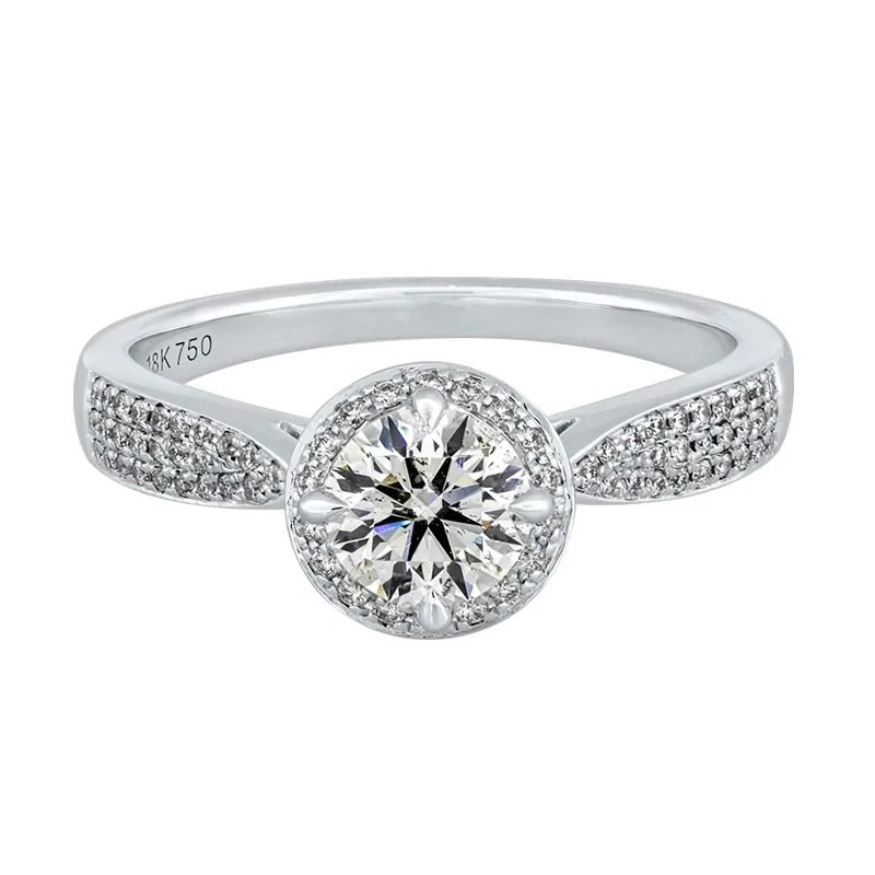 Anillo de compromiso halo redondo, con diamante central redondo GIA de 0.50ct y decoración en diamantes, oro tono blanco 18k, rodinado