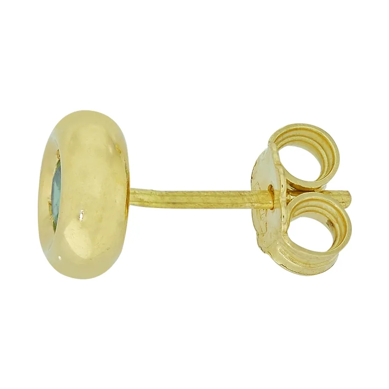 Topos studs en oro amarillo de 18 Kilates, Bisel, con 2 esmeraldas centrales de 0.36 Ct, 7 mm. de ancho