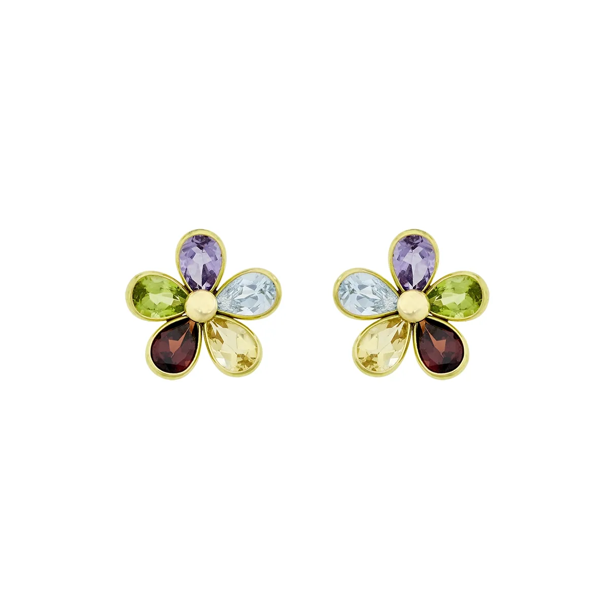 Topos de flores en oro amarillo de 18 Kilates, con cuarzos de colores
