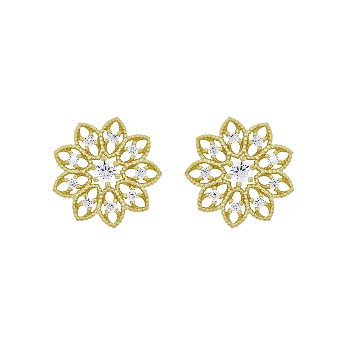 Topos de flores en oro amarillo de 18 Kilates con visos, con zircones