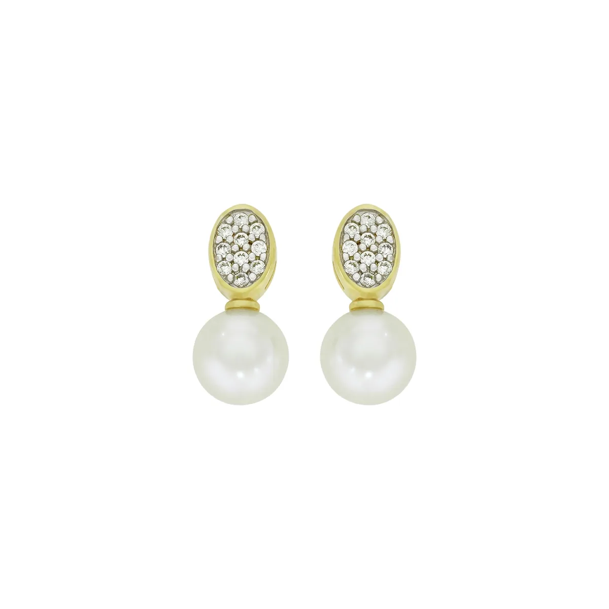Topos en oro amarillo de 18 Kilates, Figuras geométricas, con perlas centrales de 6 mm de ancho aprox y decoración en zircones