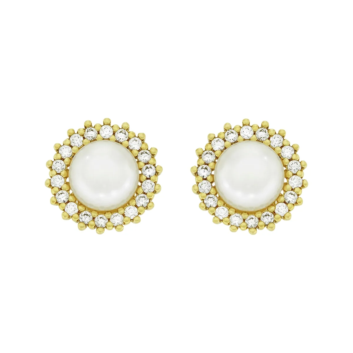 Topos en oro amarillo de 18 Kilates, Bisel, con perlas centrales de 4.50 mm de ancho aprox y decoración en zircones, 8.50 mm. de ancho