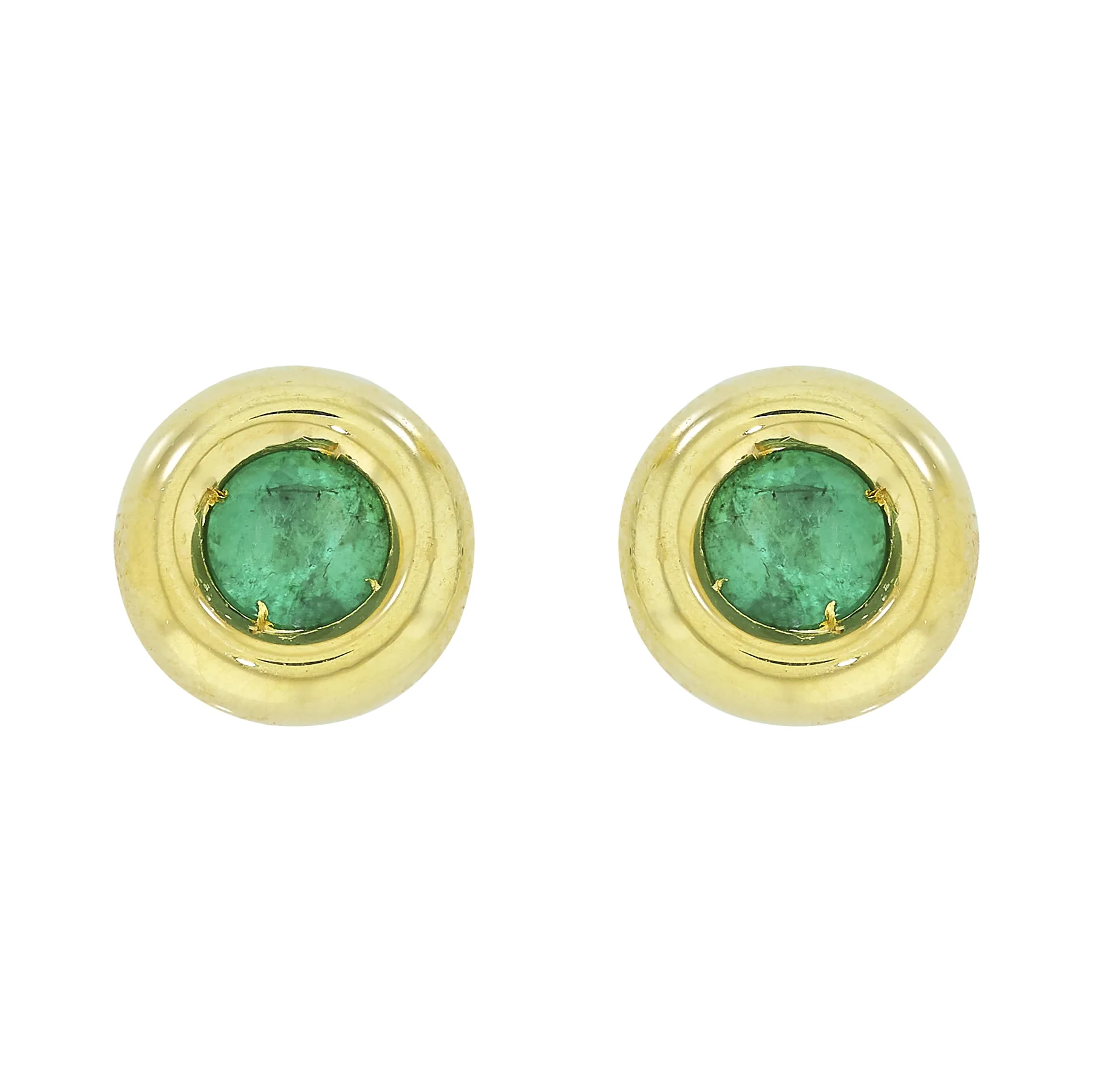 Topos studs en oro amarillo de 18 Kilates, Bisel, con 2 esmeraldas centrales de 0.24 Ct, 6 mm. de ancho