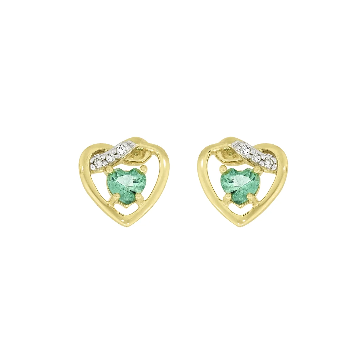 Topos de corazón en oro 2 tonos de 18 Kilates, con 2 esmeraldas centrales de 0.40 Ct y decoración en diamantes de 0.03 Ct