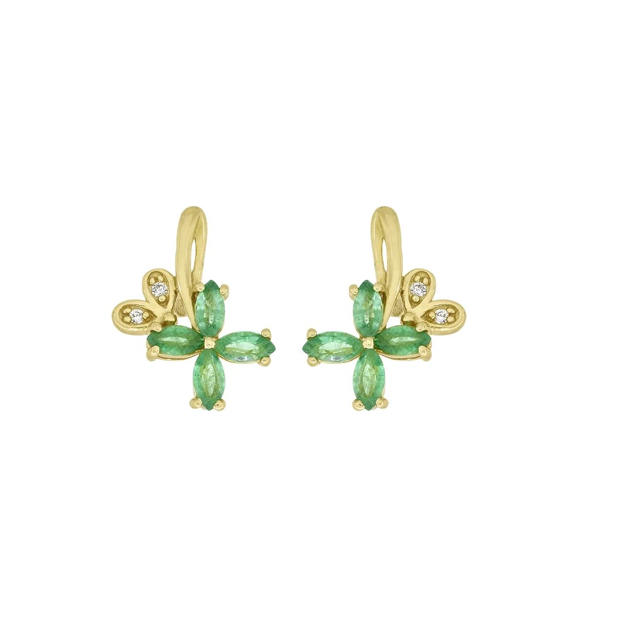 Topos de flores en oro amarillo de 18 Kilates, con esmeraldas de 0.45 Ct y decoración en diamantes de 0.02 Ct