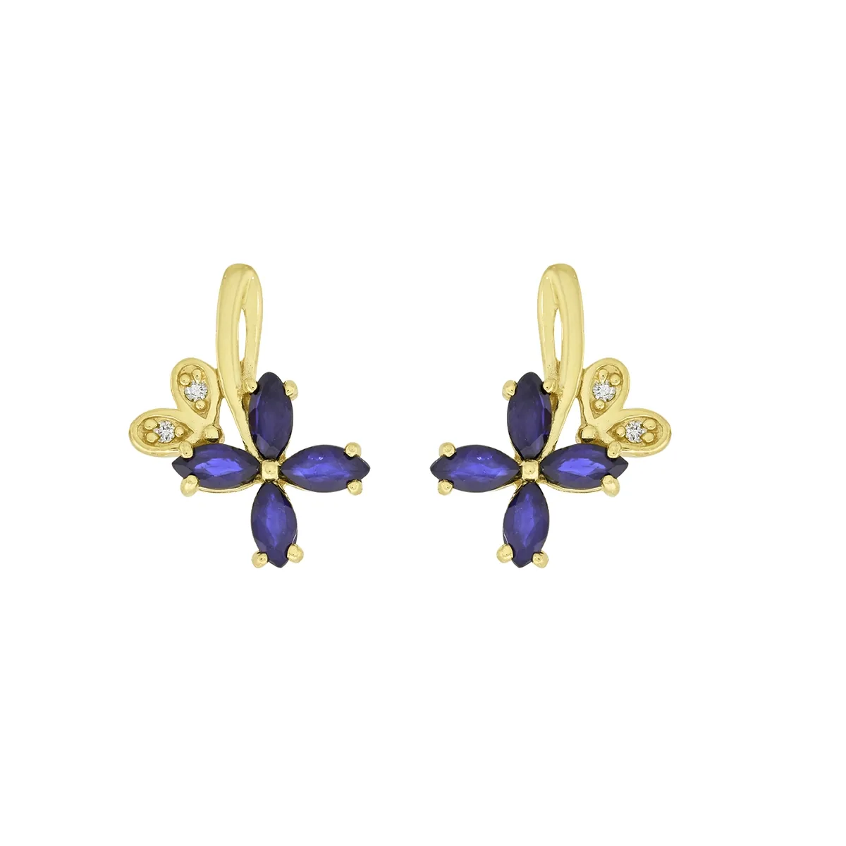 Topos de flores en oro amarillo de 18 Kilates, con zafiros 0.80 Ct y decoración en diamantes de 0.02 Ct