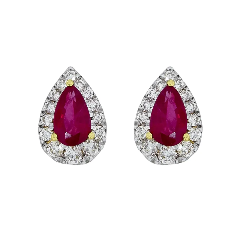Topos en oro amarillo de 18 Kilates, Lágrima, con 2 rubís centrales de 0.60 Ct y decoración en diamantes de 0.17 Ct