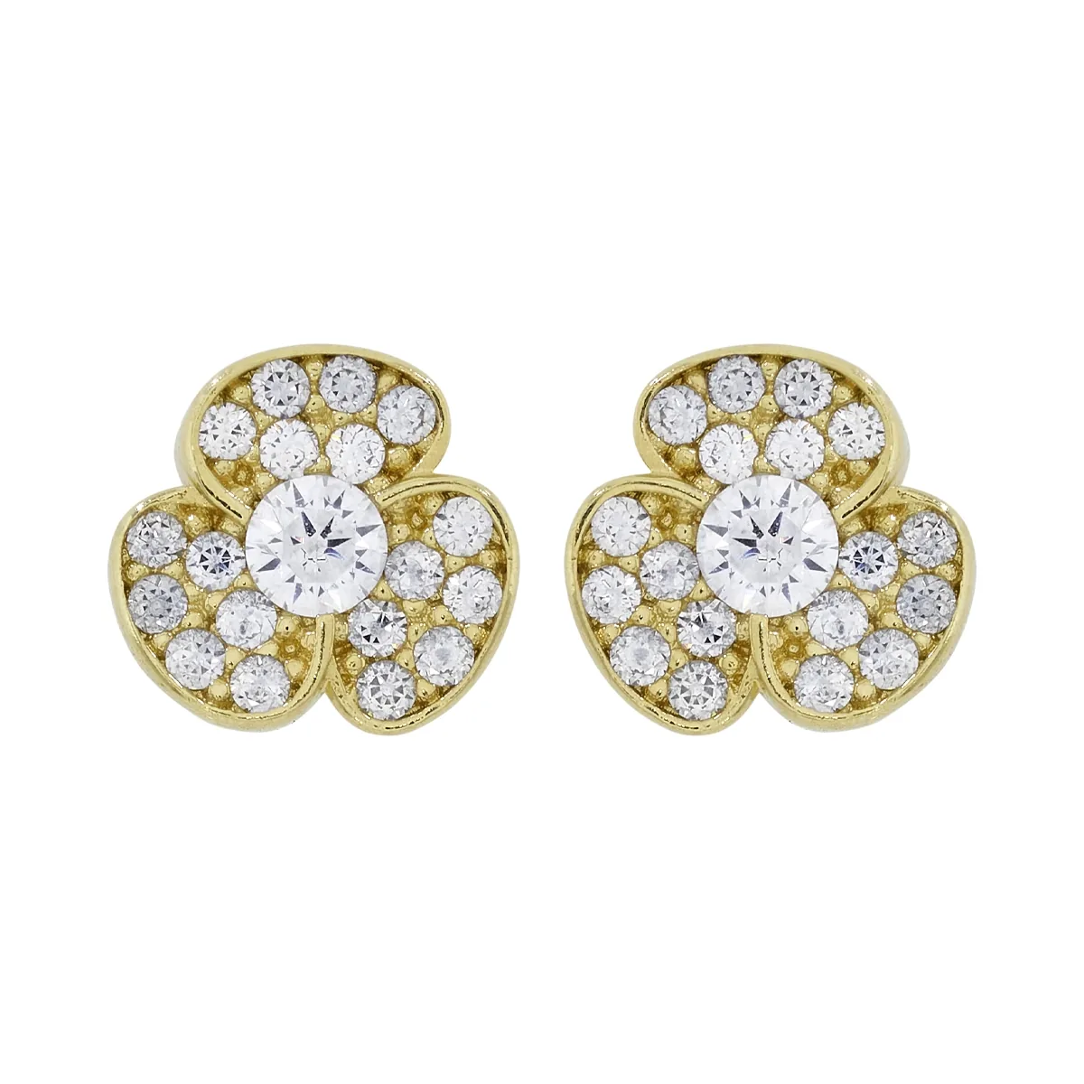 Topos de trébol en oro amarillo de 18 Kilates, con 2 zircones centrales y decoración en zircones
