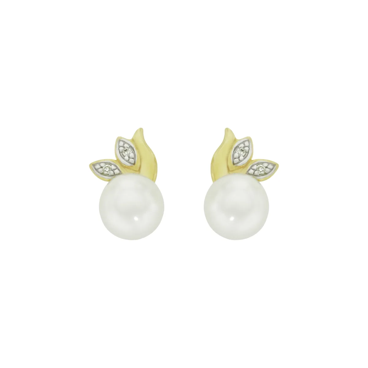 Topos en oro amarillo de 18 Kilates, Hoja, con perlas centrales de 6 mm de ancho aprox y decoración en diamantes de 0.02 Ct