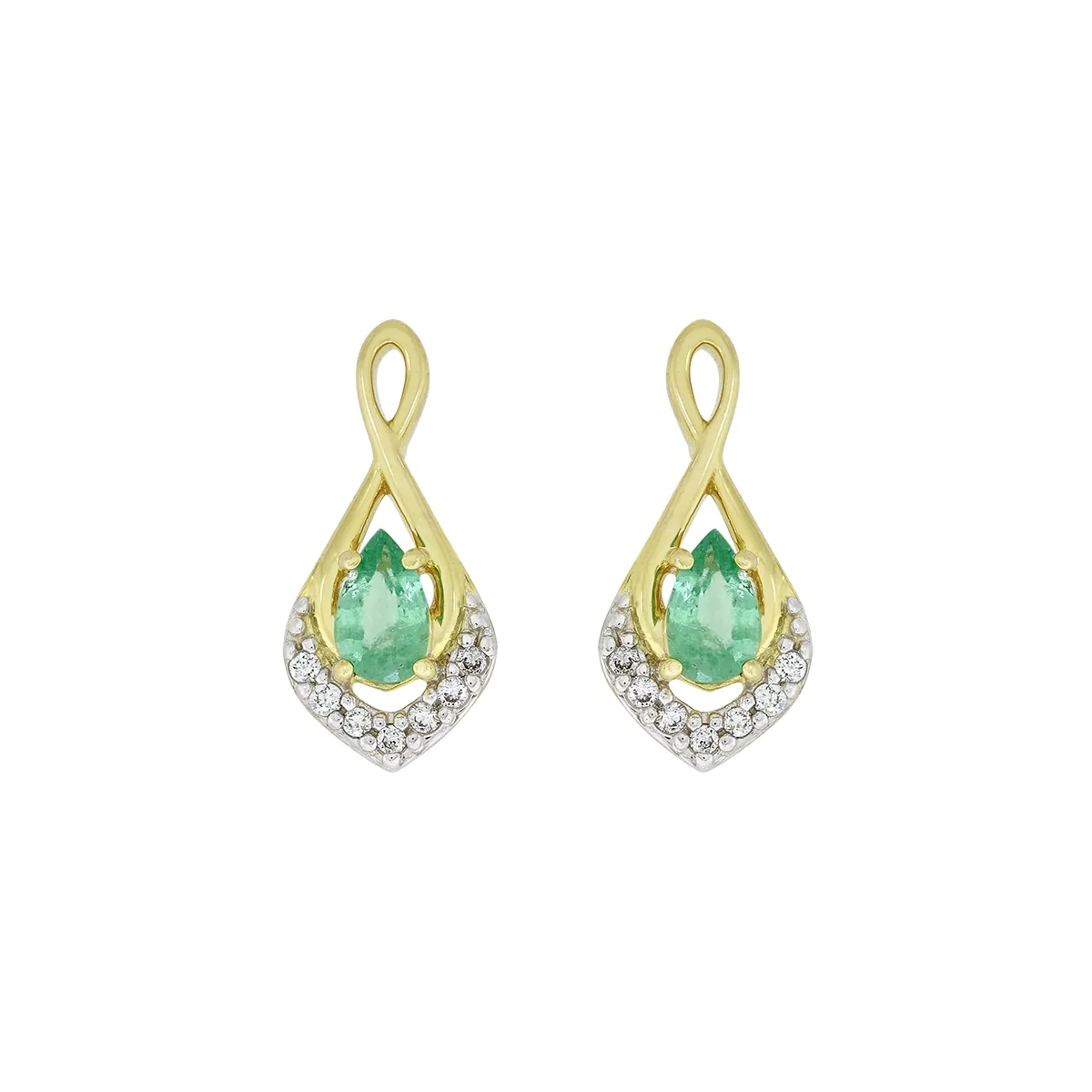 Topos en oro amarillo de 18 Kilates, Onda, con 2 esmeraldas centrales de 0.45 Ct y decoración en diamantes de 0.07 Ct