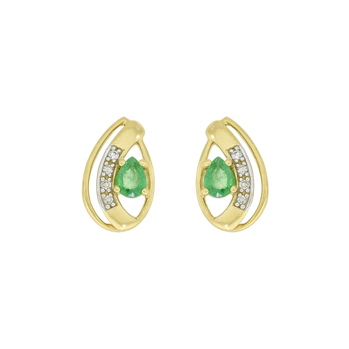Topos en oro amarillo de 18 Kilates, Lágrima, con 2 esmeraldas centrales de 0.40 Ct y decoración en diamantes de 0.04 Ct