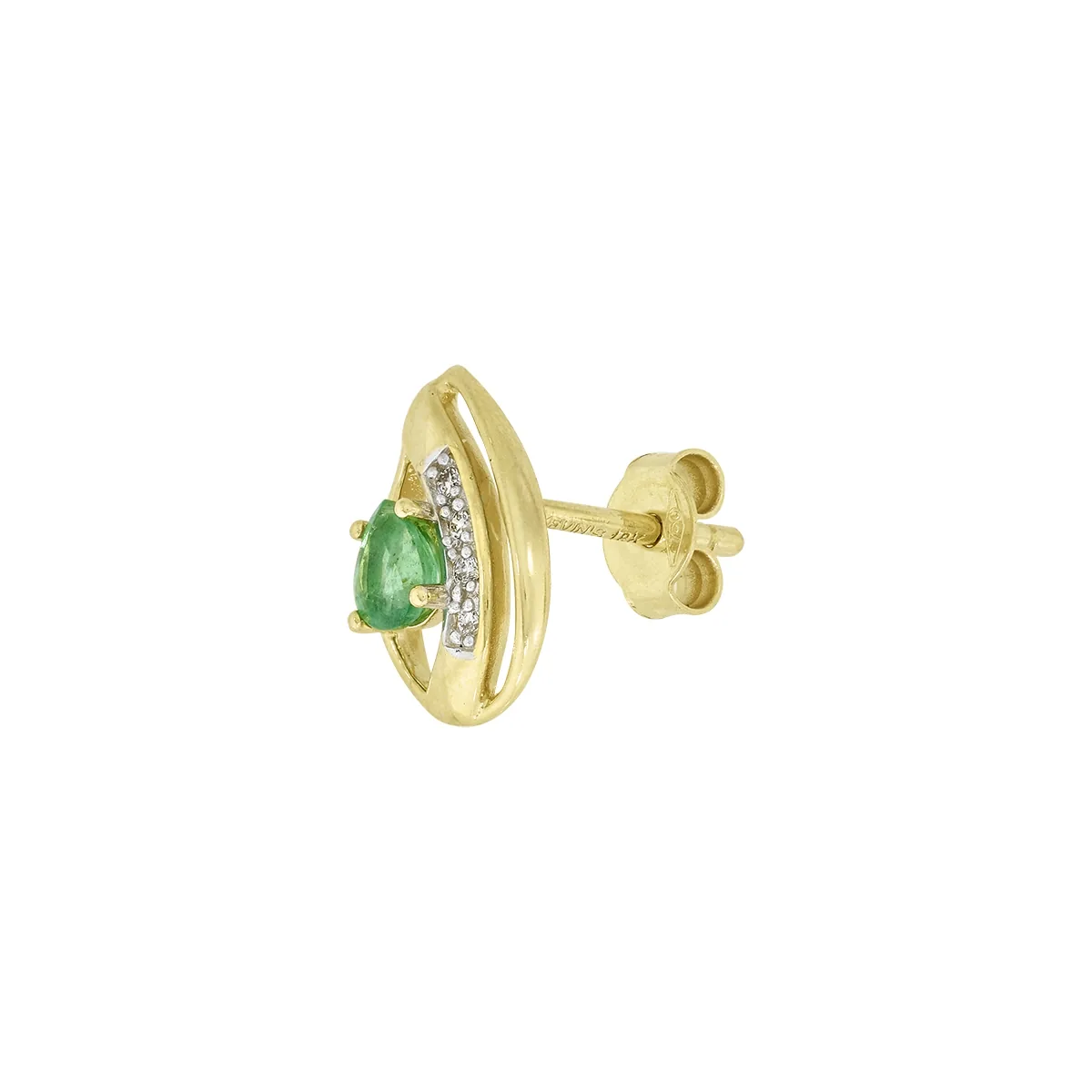 Topos en oro amarillo de 18 Kilates, Lágrima, con 2 esmeraldas centrales de 0.40 Ct y decoración en diamantes de 0.04 Ct
