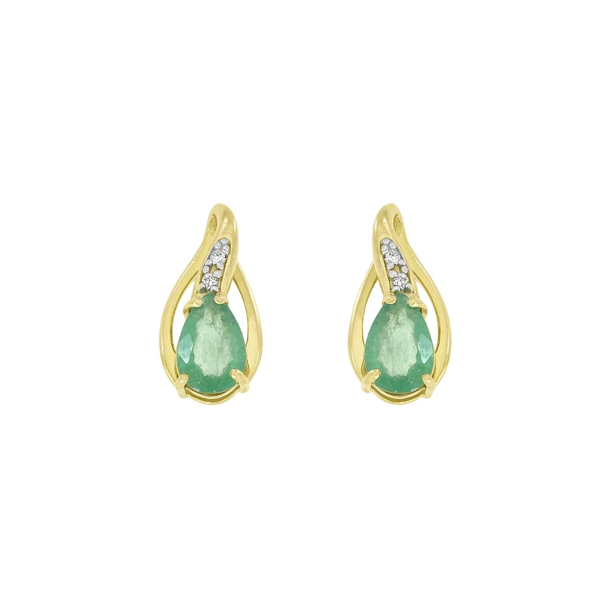 Topos en oro amarillo de 18 Kilates, Lágrima, con 2 esmeraldas centrales de 0.75 Ct y decoración en diamantes de 0.02 Ct