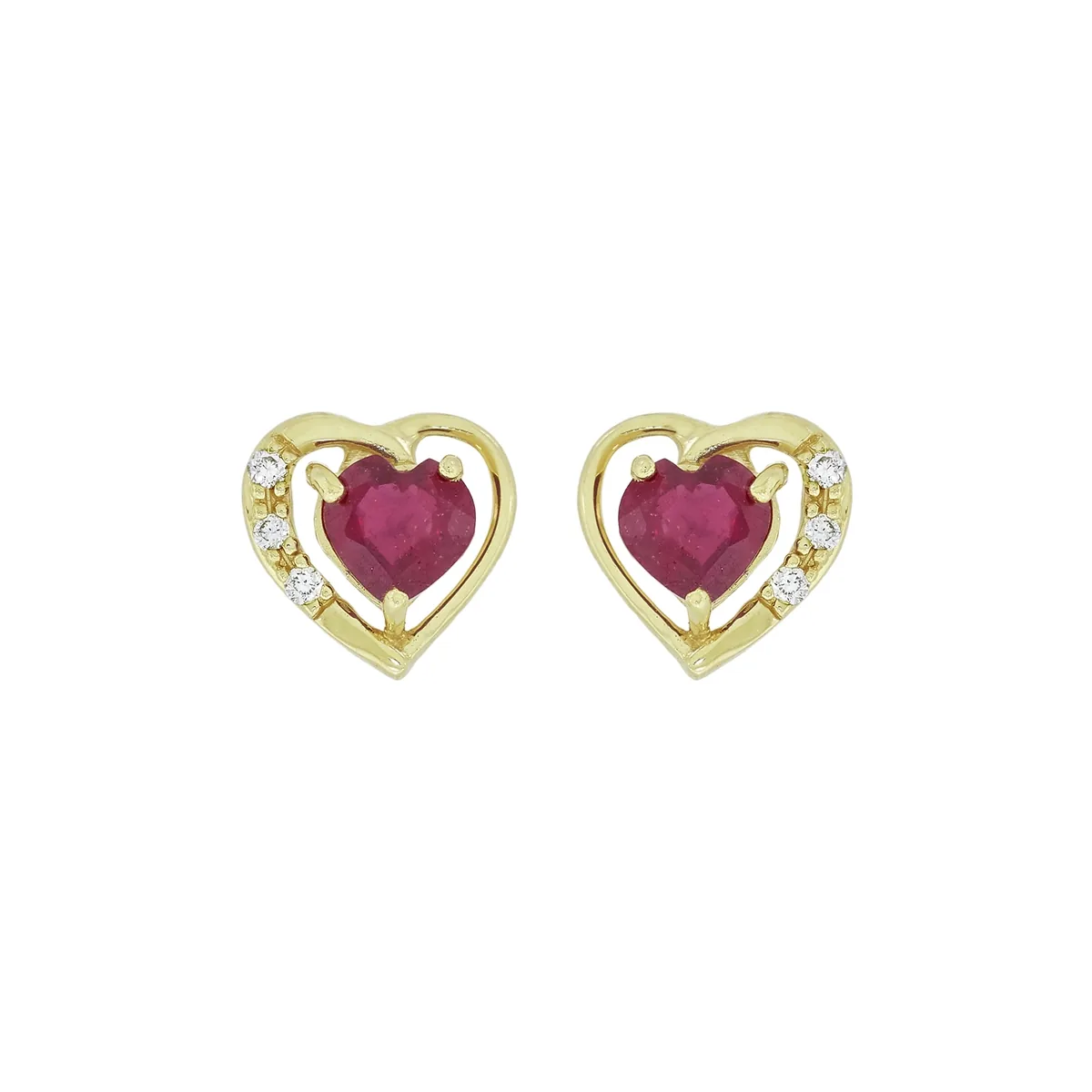 Topos de corazón en oro amarillo de 18 Kilates, con 2 rubís centrales de 0.65 Ct y decoración en diamantes de 0.03 Ct