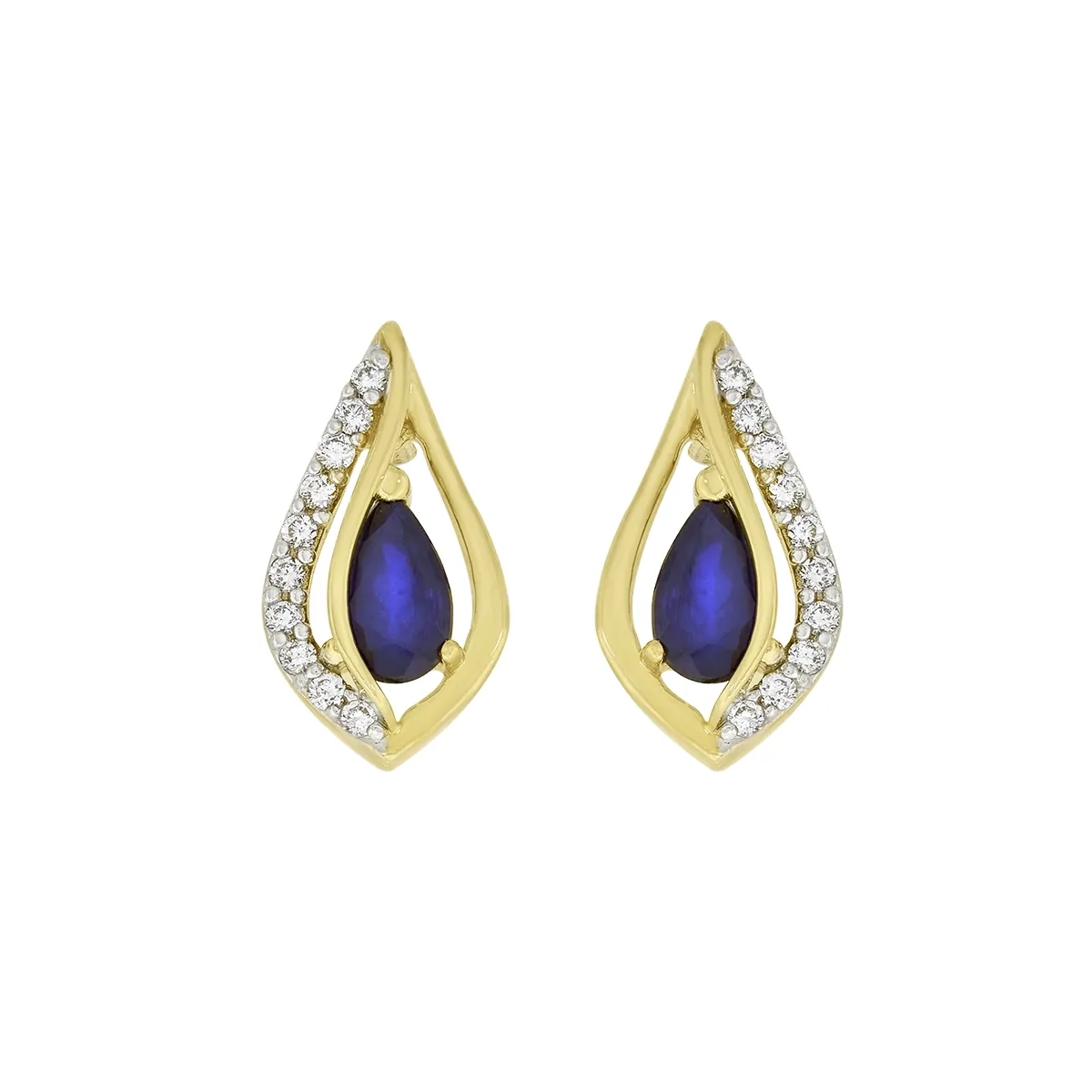 Topos en oro amarillo de 18 Kilates, Lágrima, con 2 zafiros centrales de 0.50 Ct y decoración en diamantes de 0.10 Ct