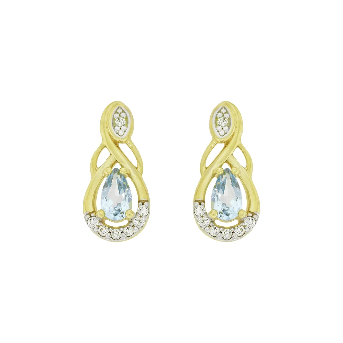 Topos en oro amarillo de 18 Kilates, Lágrima, con 2 topacios centrales y decoración en diamantes de 0.07 Ct