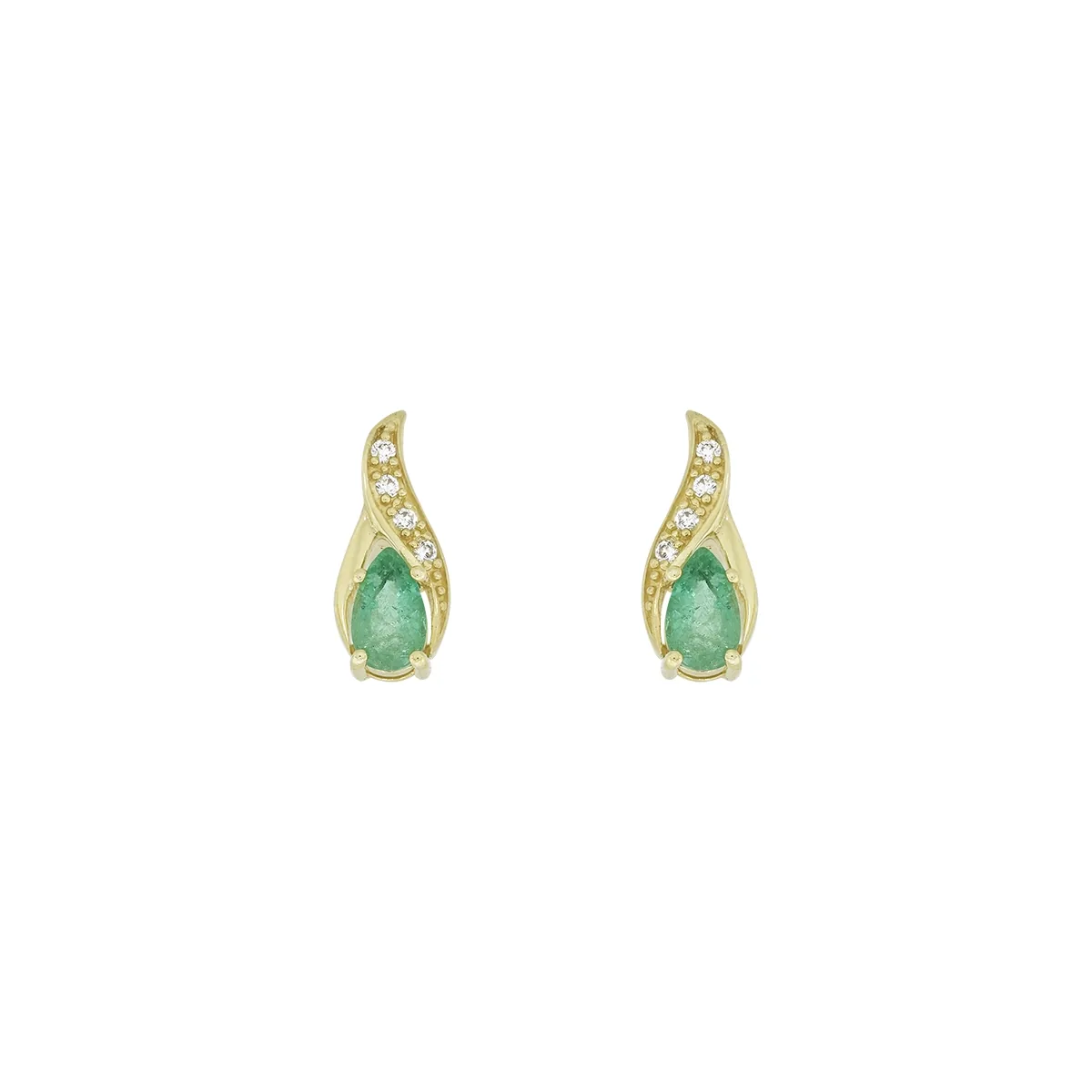 Topos en oro amarillo de 18 Kilates, Lágrima, con 2 esmeraldas centrales de 0.35 Ct y decoración en diamantes de 0.04 Ct