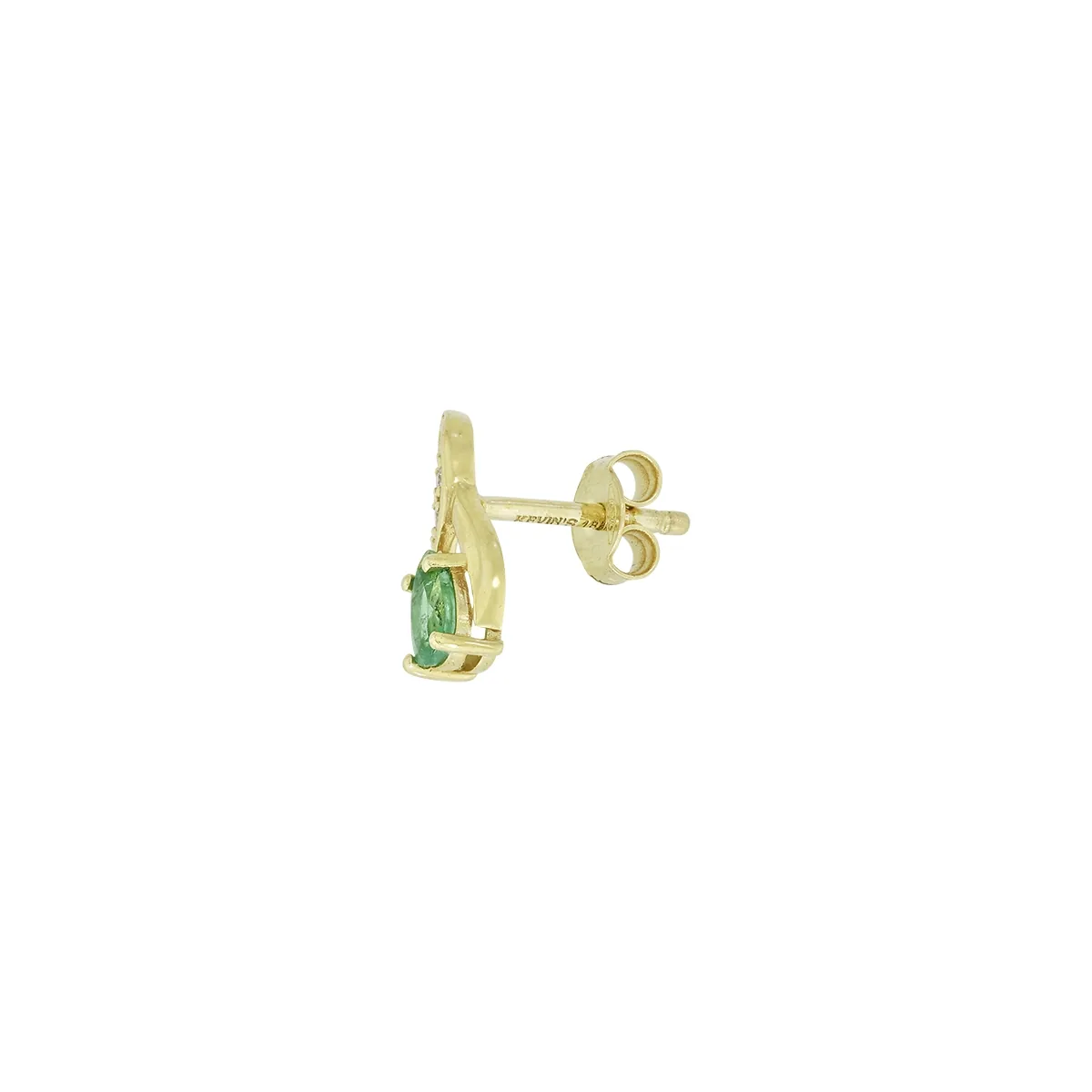 Topos en oro amarillo de 18 Kilates, Lágrima, con 2 esmeraldas centrales de 0.35 Ct y decoración en diamantes de 0.04 Ct