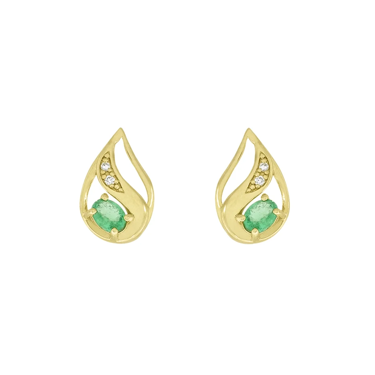 Topos en oro amarillo de 18 Kilates, Lágrima, con 2 esmeraldas centrales de 0.30 Ct y decoración en diamantes de 0.02 Ct