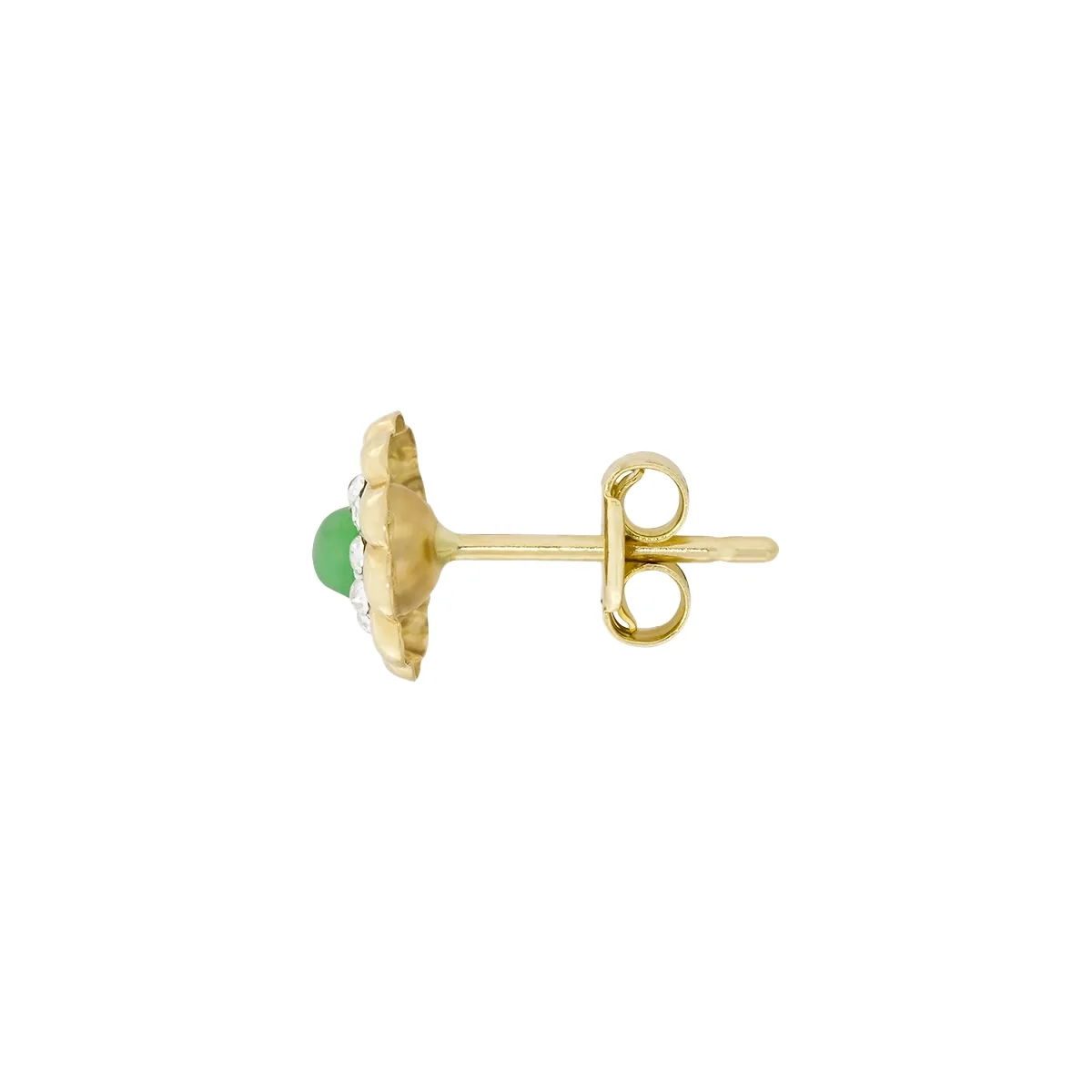 Topos en oro amarillo de 18 Kilates con visos, Flores, con 2 esmeraldas centrales y decoración en cristales, 7 mm. de ancho