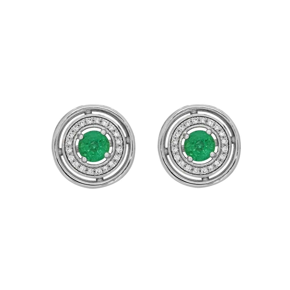 Topos en oro blanco de 18 Kilates, Uñas+decoración, con 2 esmeraldas centrales de 0.50 Ct y decoración en diamantes de 0.10 Ct, 11 mm. de ancho