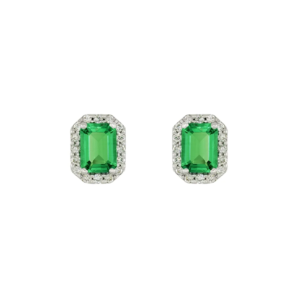 Topos en oro blanco de 18 Kilates, Uñas+decoración, con 2 esmeralda laboratorios centrales de 1.40 Ct y decoración en diamante de laboratorio de 0.32 Ct