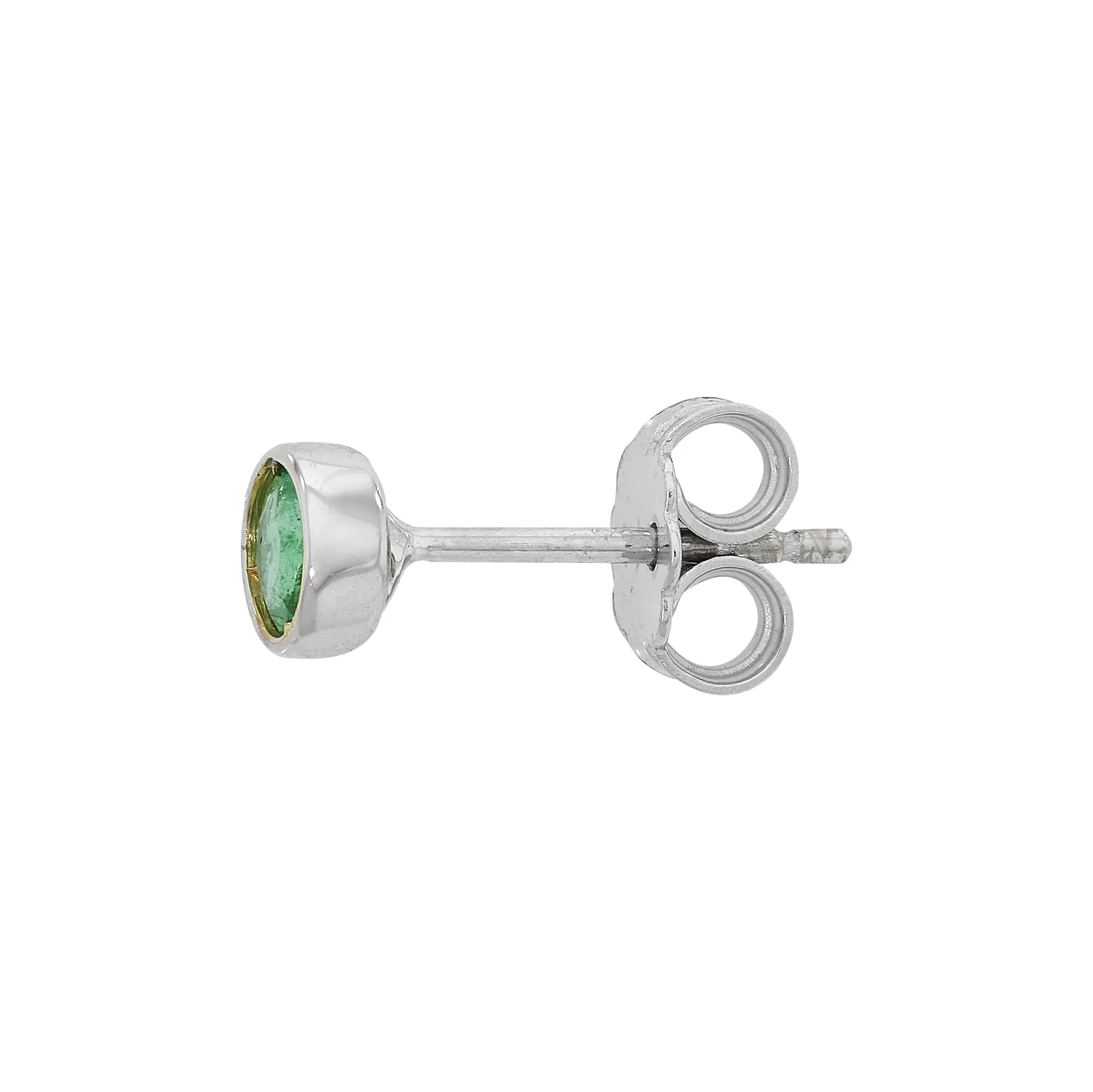 Topos studs en oro blanco de 18 Kilates, Bisel, con 2 esmeraldas centrales de 0.24 Ct, 4 mm. de ancho