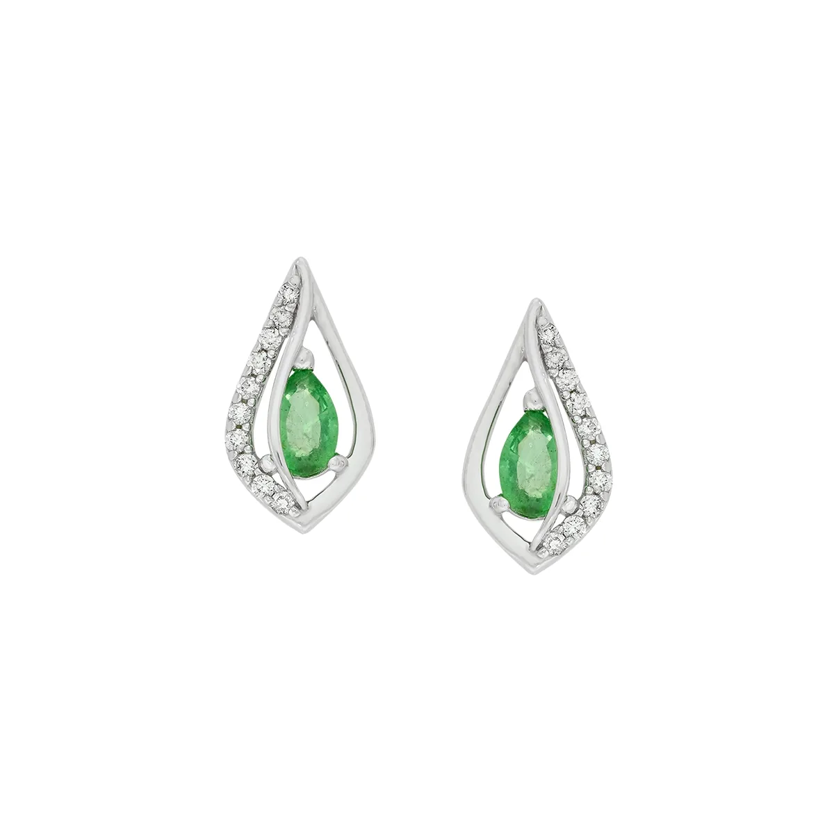 Topos en oro blanco de 18 Kilates, Lágrima, con 2 esmeraldas centrales de 0.50 Ct y decoración en diamantes de 0.10 Ct