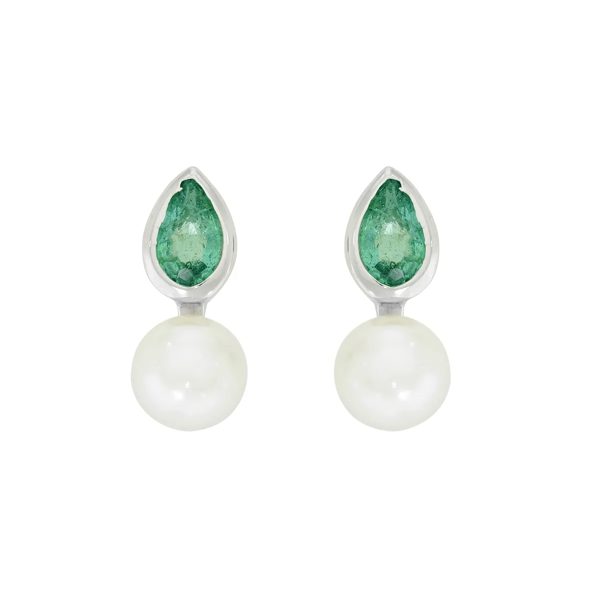 Topos en oro blanco de 18 Kilates, Lágrima, con 2 esmeraldas centrales de 0.65 Ct y decoración en perlas de 5 mm de ancho aprox