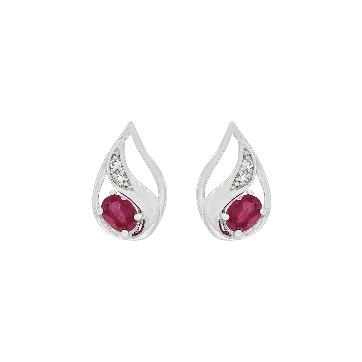 Topos en oro blanco de 18 Kilates, Lágrima, con 2 rubís centrales de 0.45 Ct y decoración en diamantes de 0.02 Ct