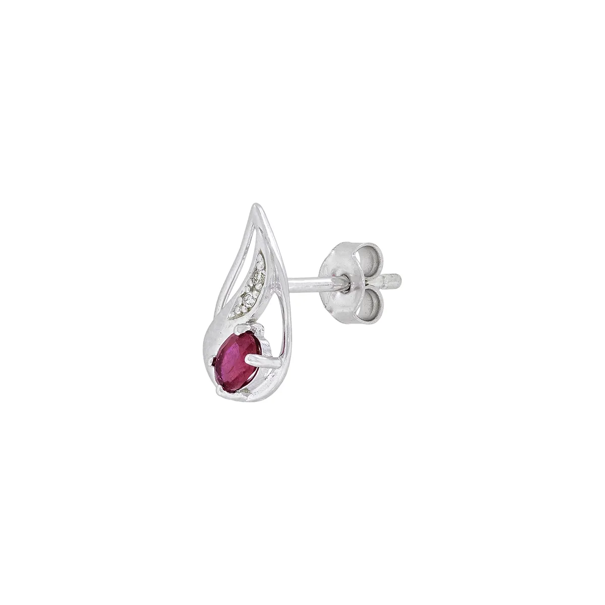Topos en oro blanco de 18 Kilates, Lágrima, con 2 rubís centrales de 0.45 Ct y decoración en diamantes de 0.02 Ct
