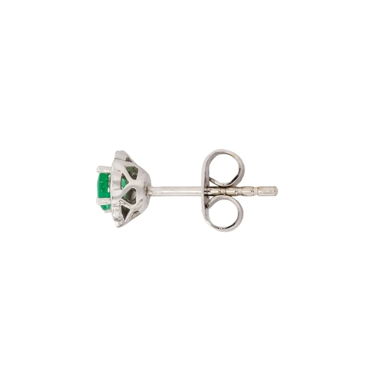 Topos de flores en oro blanco de 18 Kilates, con 2 esmeraldas centrales de 0.30 Ct y decoración en diamantes de 0.15 Ct