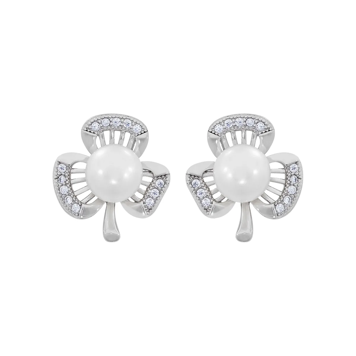 Topos de trébol en plata Ley 925, con perla central y decoración en zircones - Colección Sueños