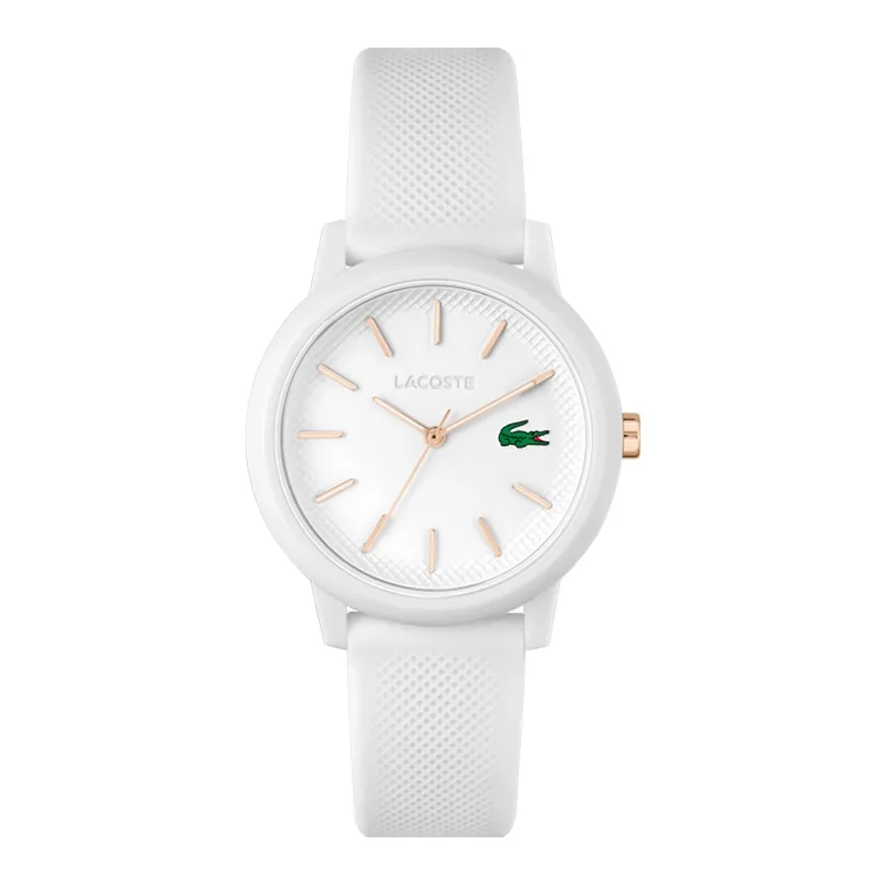 Reloj Lacoste análogo, para Dama, tablero redondo colores blanco y rosa, estilo index, pulso silicona color blanco