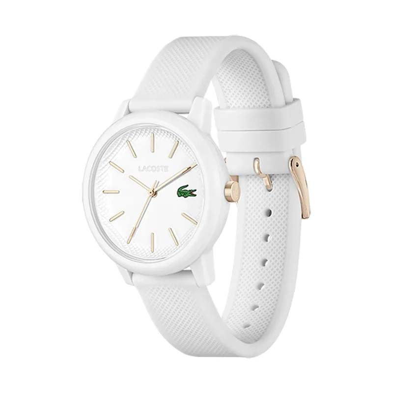Reloj Lacoste análogo, para Dama, tablero redondo colores blanco y rosa, estilo index, pulso silicona color blanco