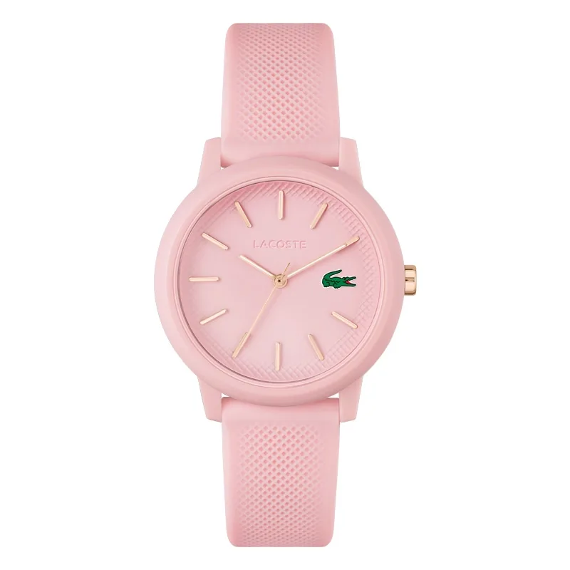 Reloj Lacoste análogo, para Dama, tablero redondo color rosado, estilo index, pulso silicona color rosado