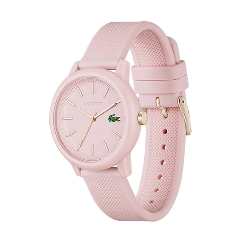 Reloj Lacoste análogo, para Dama, tablero redondo color rosado, estilo index, pulso silicona color rosado