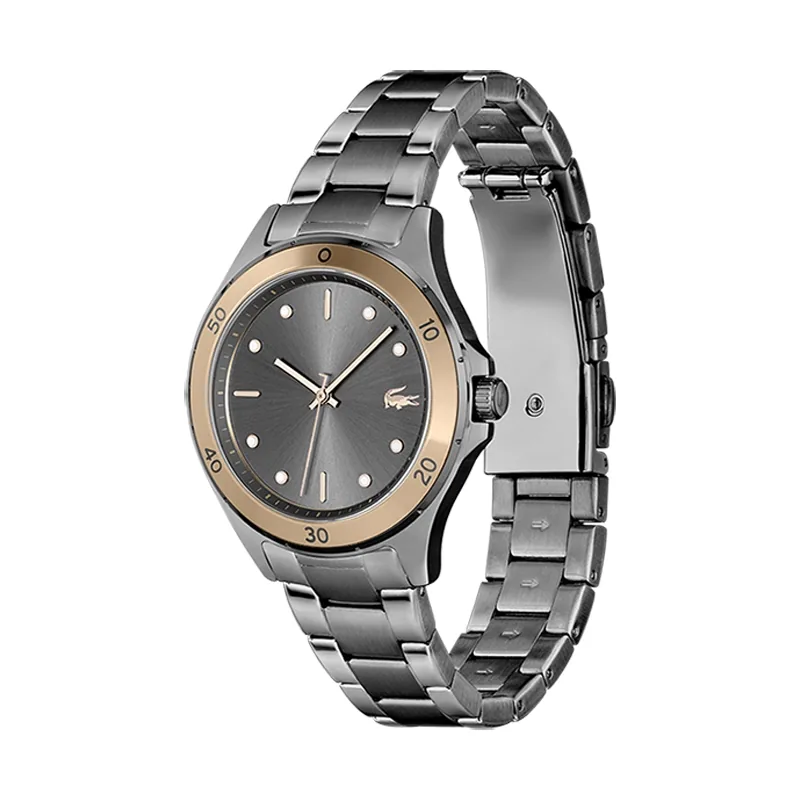 Reloj Lacoste analogo, para Dama, tablero redondo color gris, estilo index + puntos, pulso acero color plateado
