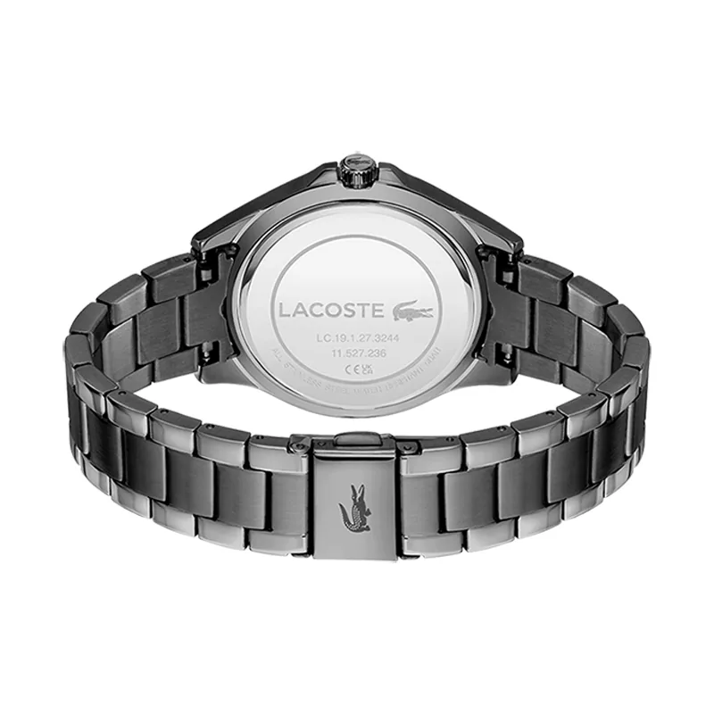 Reloj Lacoste analogo, para Dama, tablero redondo color gris, estilo index + puntos, pulso acero color plateado