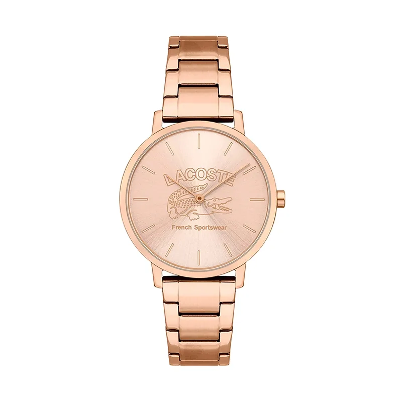 Reloj Lacoste analogo, para Dama, tablero redondo color rosa, estilo index, pulso acero color rosa