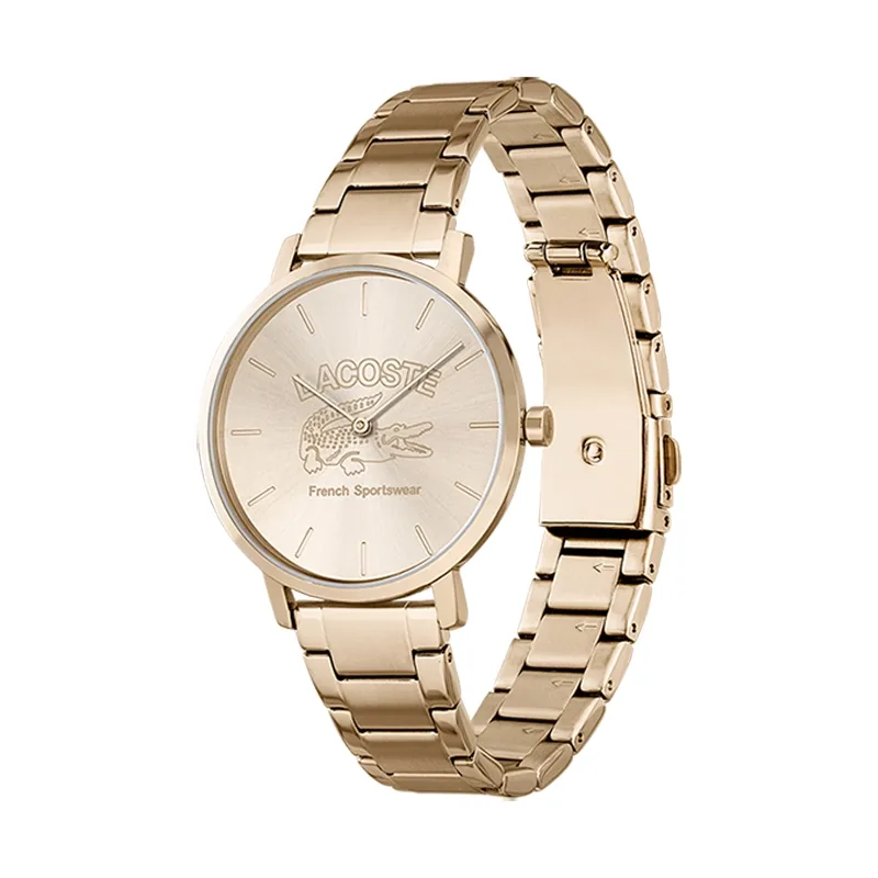 Reloj Lacoste analogo, para Dama, tablero redondo color rosa, estilo index, pulso acero color rosa