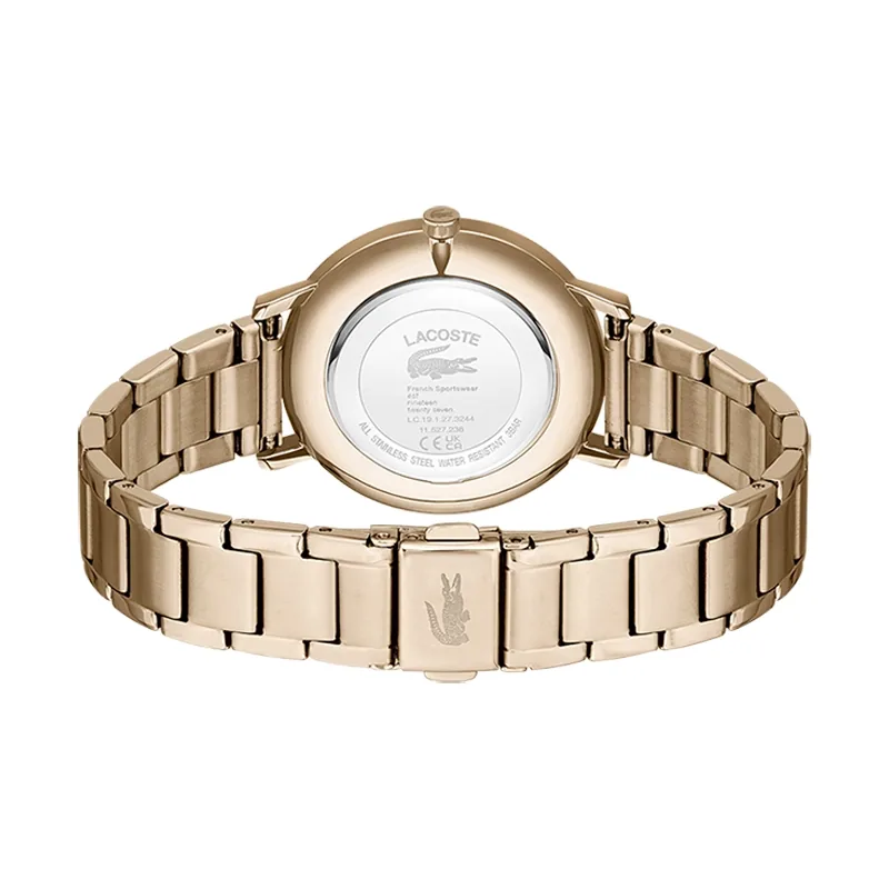 Reloj Lacoste analogo, para Dama, tablero redondo color rosa, estilo index, pulso acero color rosa