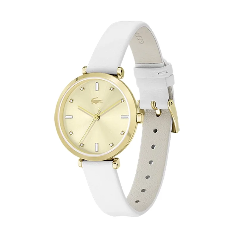 Reloj Lacoste analogo, para Dama, tablero redondo color dorado, estilo index + puntos, pulso cuero color blanco