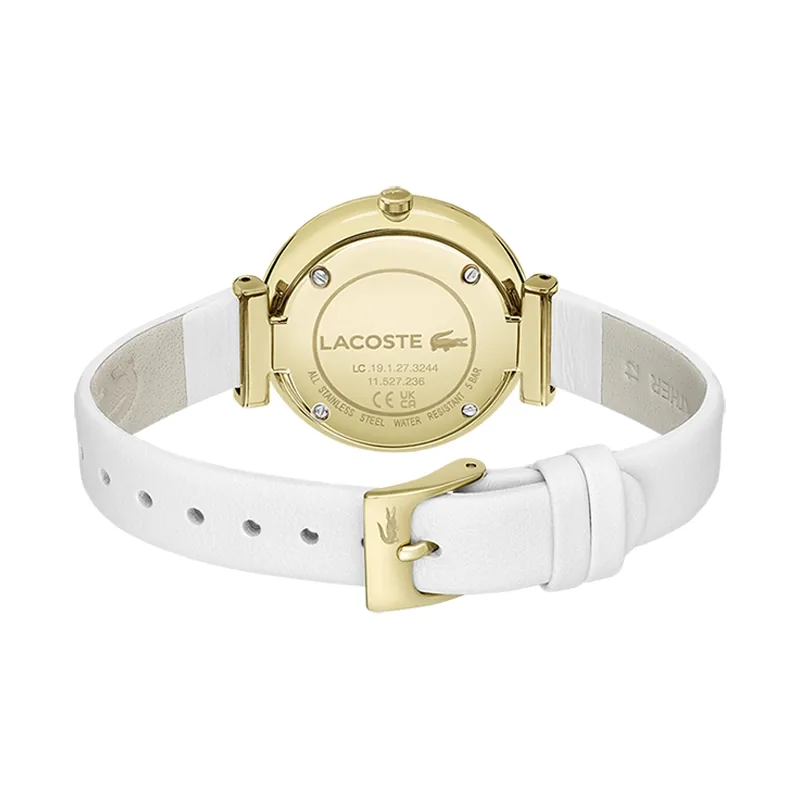 Reloj Lacoste analogo, para Dama, tablero redondo color dorado, estilo index + puntos, pulso cuero color blanco