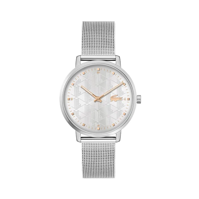 Reloj Lacoste analogo, para Dama, tablero redondo color plateado, estilo puntos, pulso acero color plateado