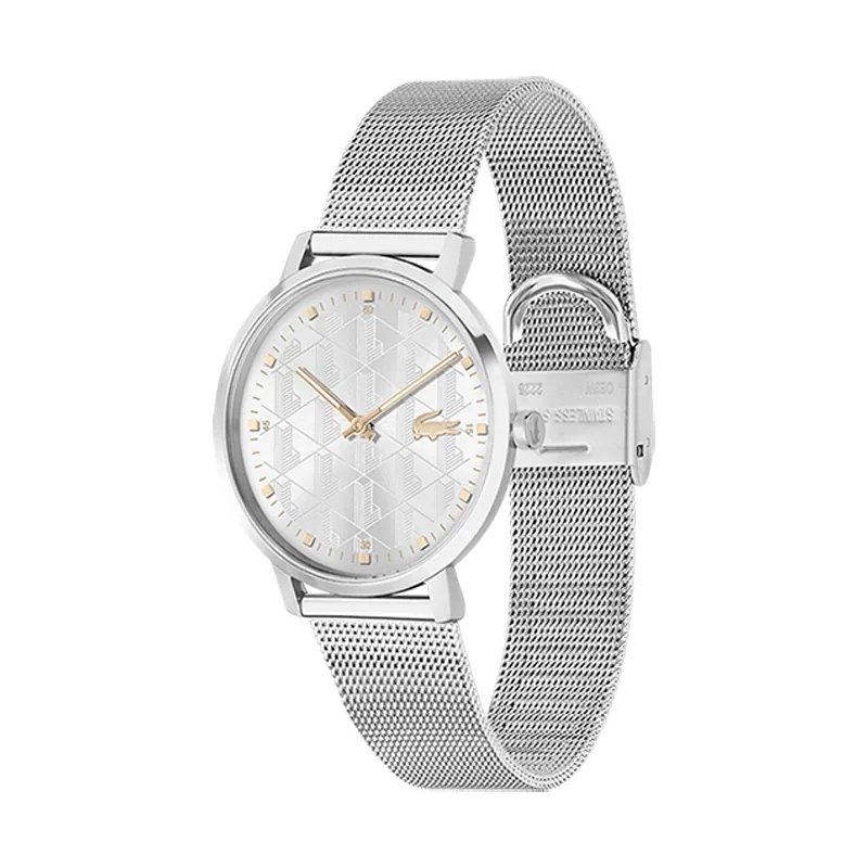 Reloj Lacoste analogo, para Dama, tablero redondo color plateado, estilo puntos, pulso acero color plateado